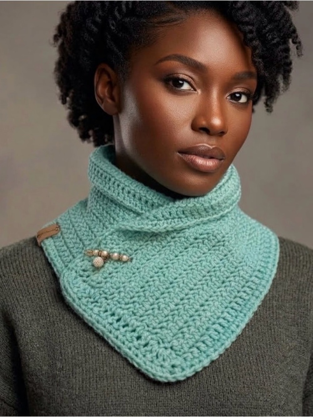 Hand Crafted Aqua Crocheted Neck Warmer with Button Detail